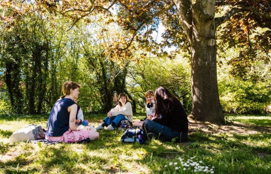 Students outside on campus